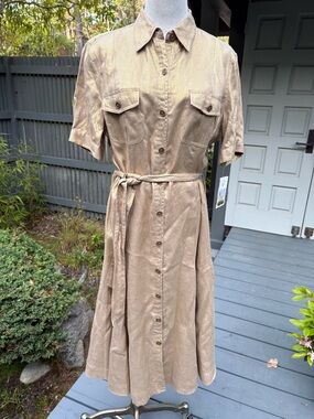 Lauren by Ralph Lauren Elegant Linen Gold Shimmer Button Down Dress